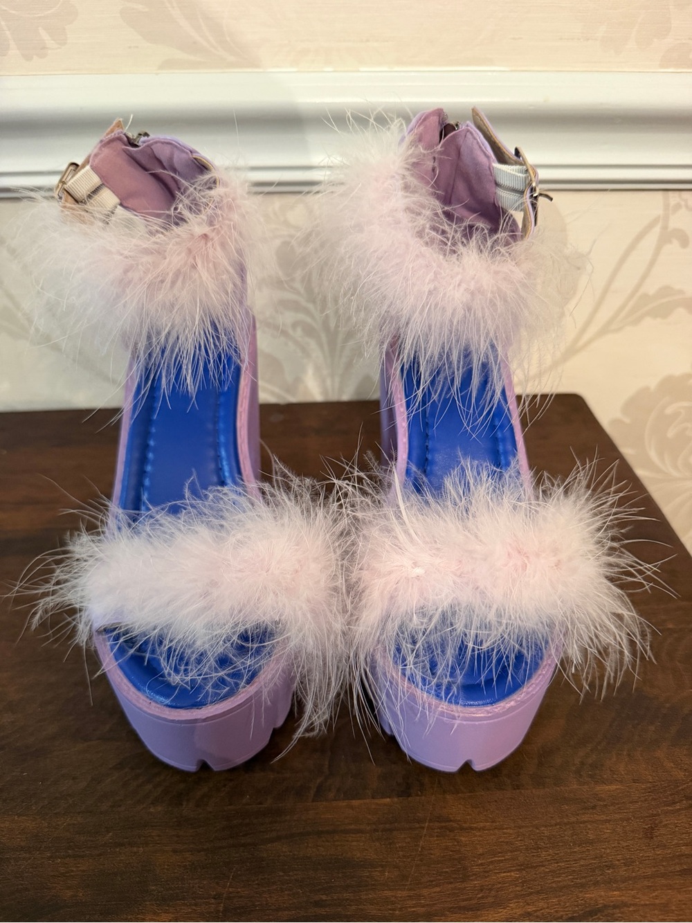 Lavender Platform Sandals with Pink Feather Trim